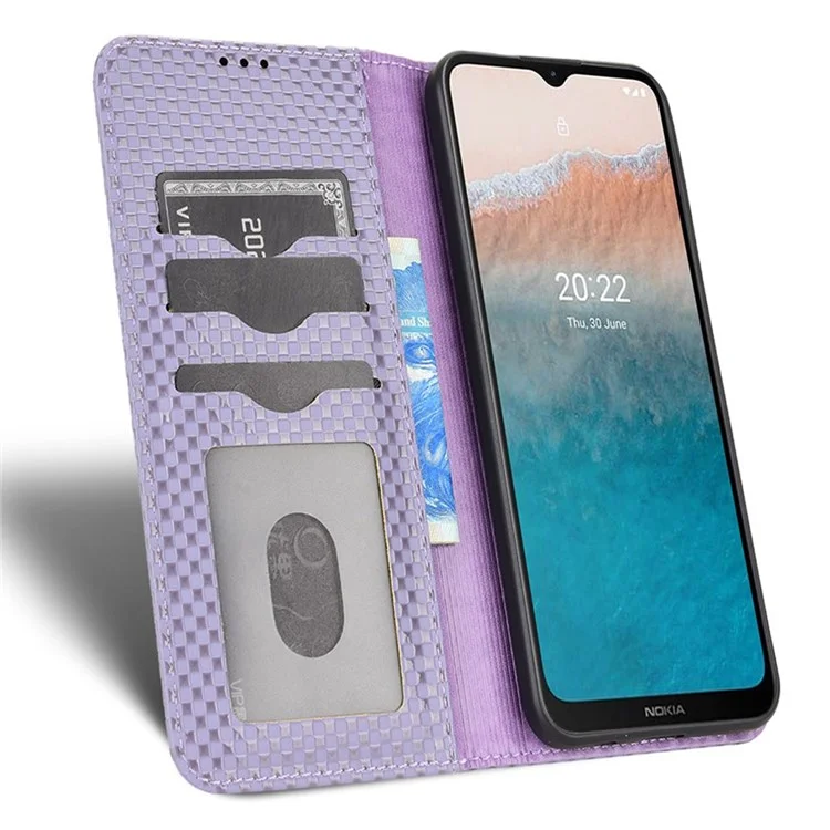 For Nokia C21 Plus 4G Grid Texture PU Leather Stand Case Magnetic Auto-absorbed Wallet Design Cell Phone Cover - Light Purple