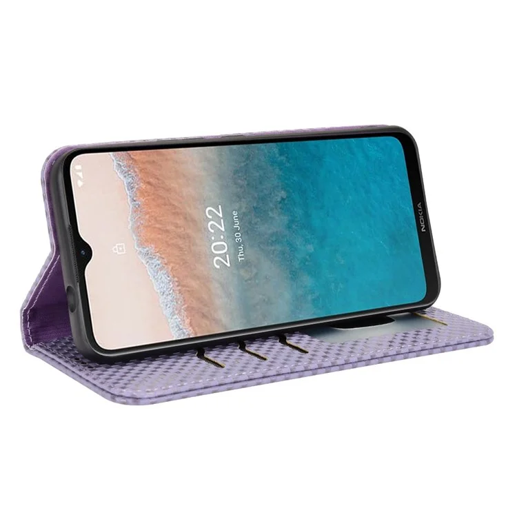 For Nokia C21 Plus 4G Grid Texture PU Leather Stand Case Magnetic Auto-absorbed Wallet Design Cell Phone Cover - Light Purple