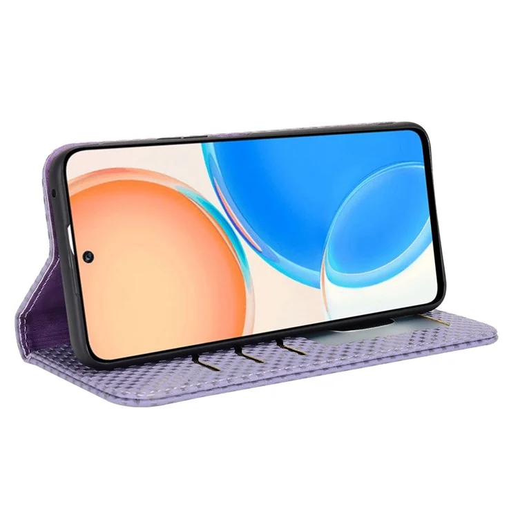 Wallet Phone Bag Case for Honor X8 4G, Imprinted Grid Texture Magnetic Auto-absorbed PU Leather Phone Cover - Light Purple