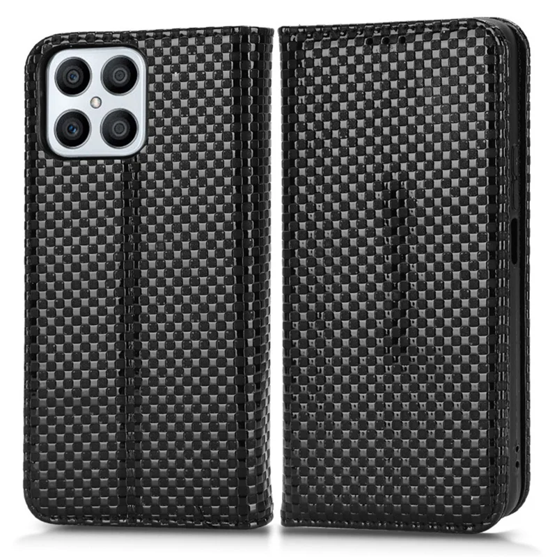 Wallet Phone Bag Case for Honor X8 4G, Imprinted Grid Texture Magnetic Auto-absorbed PU Leather Phone Cover - Black