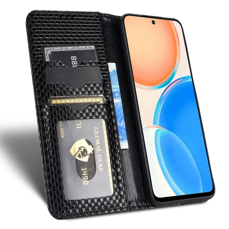 Wallet Phone Bag Case for Honor X8 4G, Imprinted Grid Texture Magnetic Auto-absorbed PU Leather Phone Cover - Black