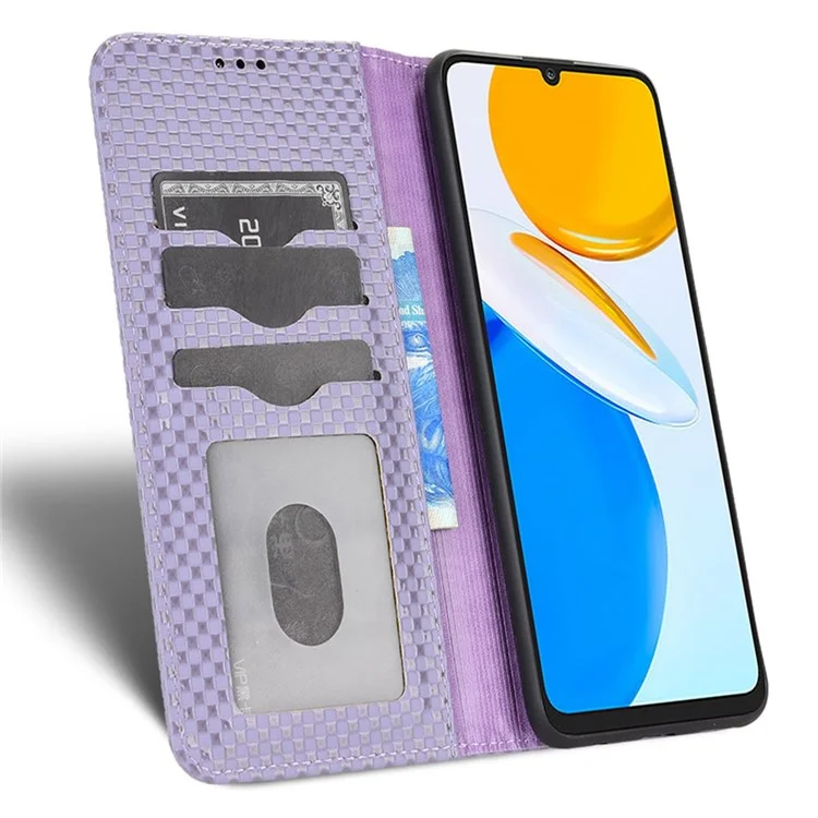 Para Honor X7 Strong Magnetic Auto-absorbido Textura de la Cuadrícula PU Cuero de Cuero Cubierta de la Billetera Del Teléfono Celular - Púrpura Ligera