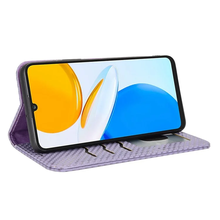 Para Honor X7 Strong Magnetic Auto-absorbido Textura de la Cuadrícula PU Cuero de Cuero Cubierta de la Billetera Del Teléfono Celular - Púrpura Ligera