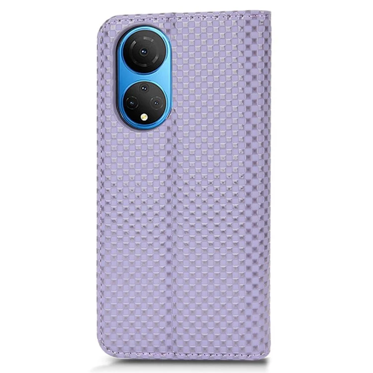 Para Honor X7 Strong Magnetic Auto-absorbido Textura de la Cuadrícula PU Cuero de Cuero Cubierta de la Billetera Del Teléfono Celular - Púrpura Ligera
