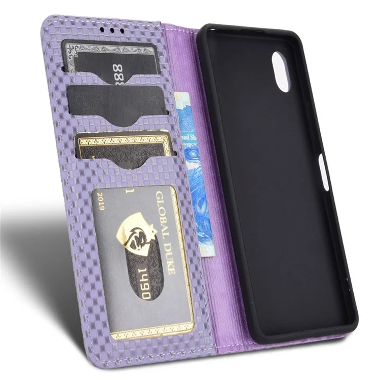 Gedruckte Gitterstextur PU Leder Stand Telefonhülle Für Sony Xperia Ace III, Magnetische Automatisch Absorbierte Anti-staub-telefon-brieftaschenabdeckung - Helles Lila