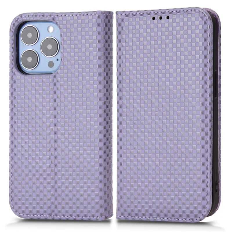 For iPhone 13 Pro 6.1 inch Grid Texture PU Leather Stand Case Magnetic Auto-absorbed Cell Phone Wallet Cover - Light Purple
