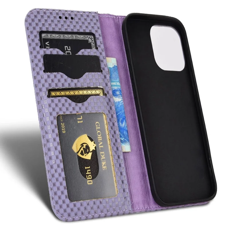 For iPhone 13 Pro 6.1 inch Grid Texture PU Leather Stand Case Magnetic Auto-absorbed Cell Phone Wallet Cover - Light Purple