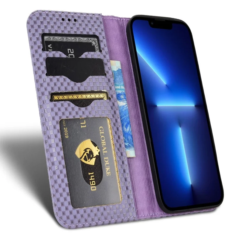 For iPhone 13 Pro 6.1 inch Grid Texture PU Leather Stand Case Magnetic Auto-absorbed Cell Phone Wallet Cover - Light Purple