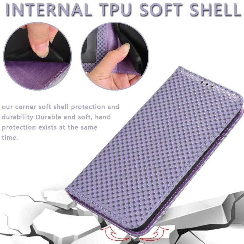 For iPhone 13 Pro 6.1 inch Grid Texture PU Leather Stand Case Magnetic Auto-absorbed Cell Phone Wallet Cover - Light Purple