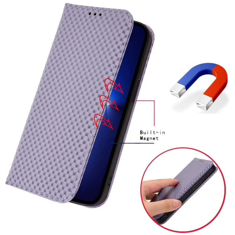 For iPhone 13 Pro 6.1 inch Grid Texture PU Leather Stand Case Magnetic Auto-absorbed Cell Phone Wallet Cover - Light Purple
