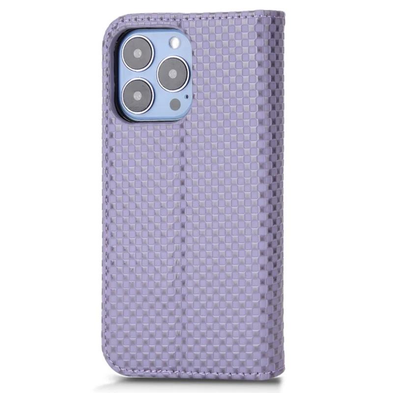 For iPhone 13 Pro 6.1 inch Grid Texture PU Leather Stand Case Magnetic Auto-absorbed Cell Phone Wallet Cover - Light Purple