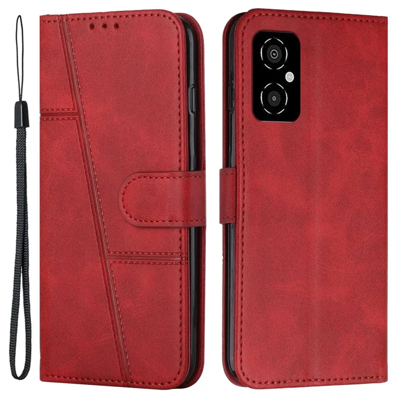 For Xiaomi Poco M4 5G Mobile Phone Case Bag Simple Style Imprinted Stitching Stand PU Leather Phone Cover Wallet with Strap - Red