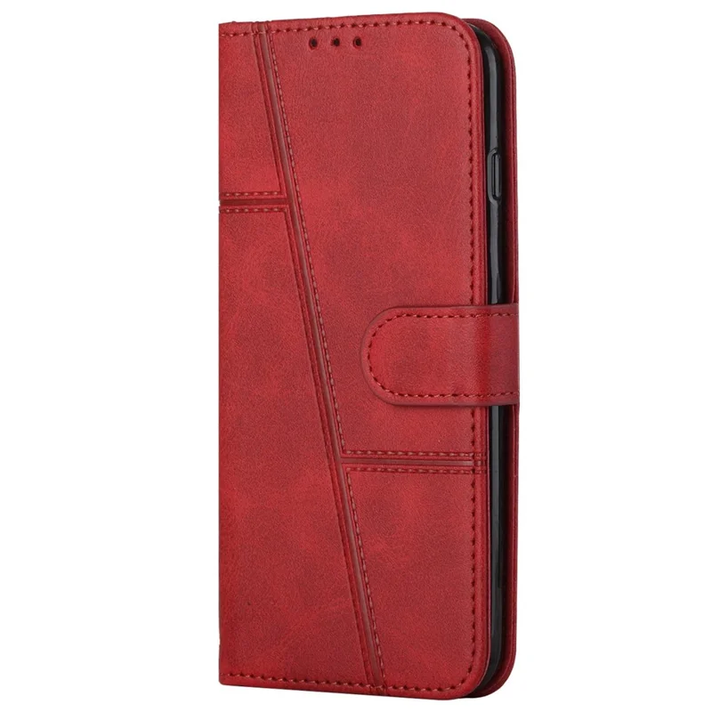 For Xiaomi Poco M4 5G Mobile Phone Case Bag Simple Style Imprinted Stitching Stand PU Leather Phone Cover Wallet with Strap - Red