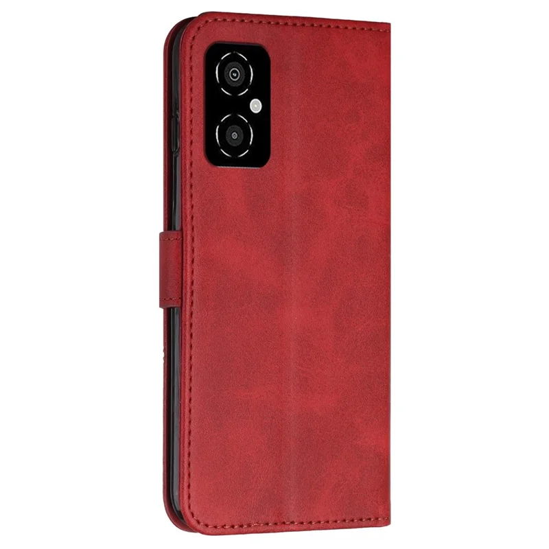 For Xiaomi Poco M4 5G Mobile Phone Case Bag Simple Style Imprinted Stitching Stand PU Leather Phone Cover Wallet with Strap - Red