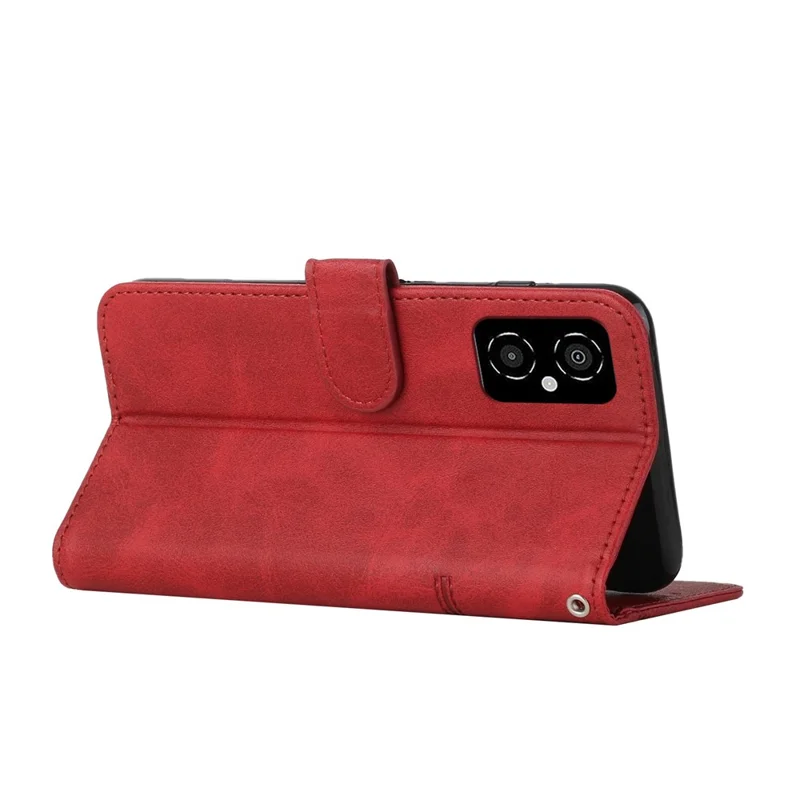 For Xiaomi Poco M4 5G Mobile Phone Case Bag Simple Style Imprinted Stitching Stand PU Leather Phone Cover Wallet with Strap - Red