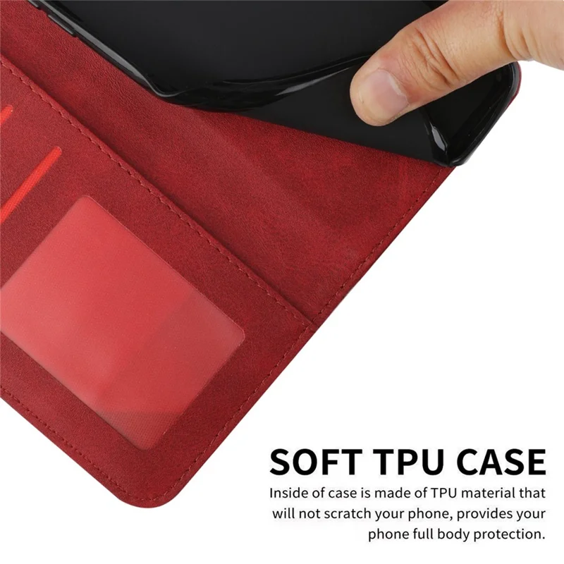 For Xiaomi Poco M4 5G Mobile Phone Case Bag Simple Style Imprinted Stitching Stand PU Leather Phone Cover Wallet with Strap - Red