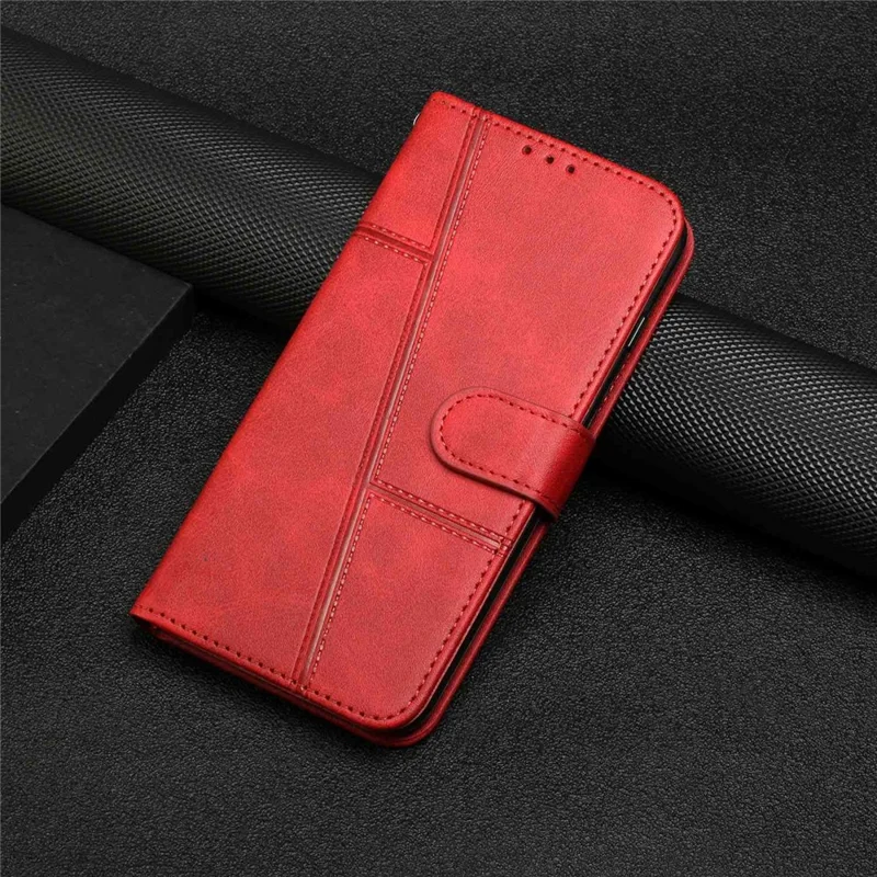 For Xiaomi Poco M4 5G Mobile Phone Case Bag Simple Style Imprinted Stitching Stand PU Leather Phone Cover Wallet with Strap - Red