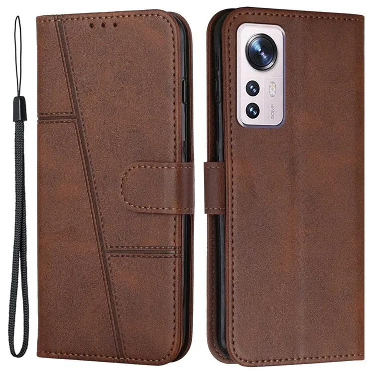 For Xiaomi 12 Lite 5G PU Leather Protective Phone Case Supporting Stand Simple Style Imprinted Stitching Cell Phone Cover with Strap - Brown