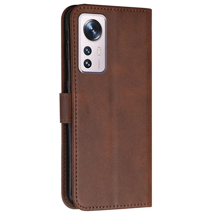 For Xiaomi 12 Lite 5G PU Leather Protective Phone Case Supporting Stand Simple Style Imprinted Stitching Cell Phone Cover with Strap - Brown