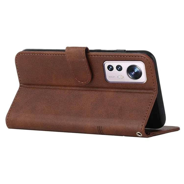 For Xiaomi 12 Lite 5G PU Leather Protective Phone Case Supporting Stand Simple Style Imprinted Stitching Cell Phone Cover with Strap - Brown