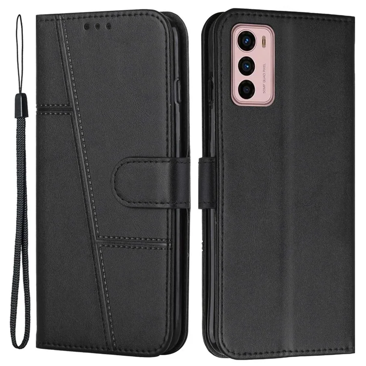 Para Motorola Moto G42 4G Folio Design Stand Anti-ratch Postled Stitching PU de Couro PU Cover - Preto