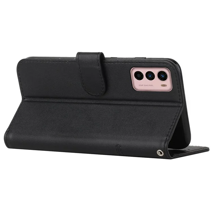 Para Motorola Moto G42 4G Folio Design Stand Anti-ratch Postled Stitching PU de Couro PU Cover - Preto