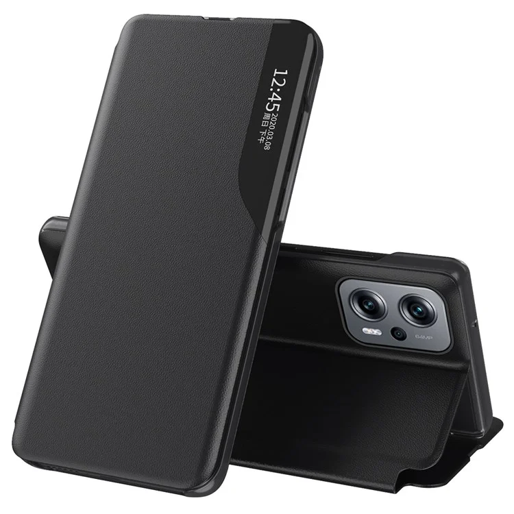 Pour Xiaomi Redmi Note 11T Pro 5G / Note 11T Pro+ 5G / Note 12T Pro 5G / Poco X4 GT 5G / Redmi K50i 5G Étui Flip en Cuir à Fenêtre Transparente Résistant aux Chutes avec Support - Noir