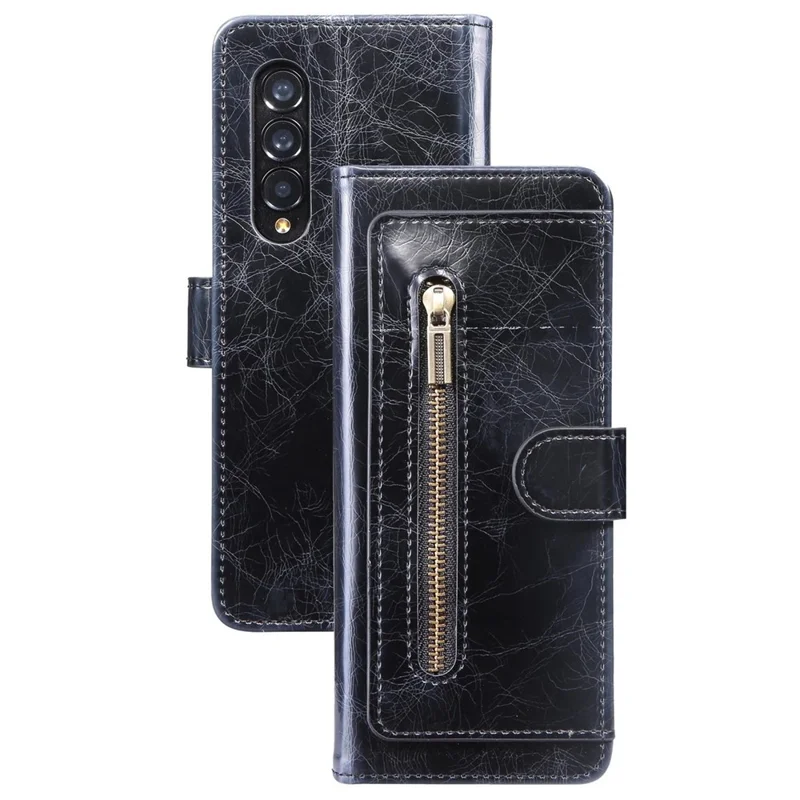 For Samsung Galaxy Z Fold4 5G Waxy Texture PU Leather Stand Wallet Phone Case Magnetic Clasp Zipper Pocket Cover - Black