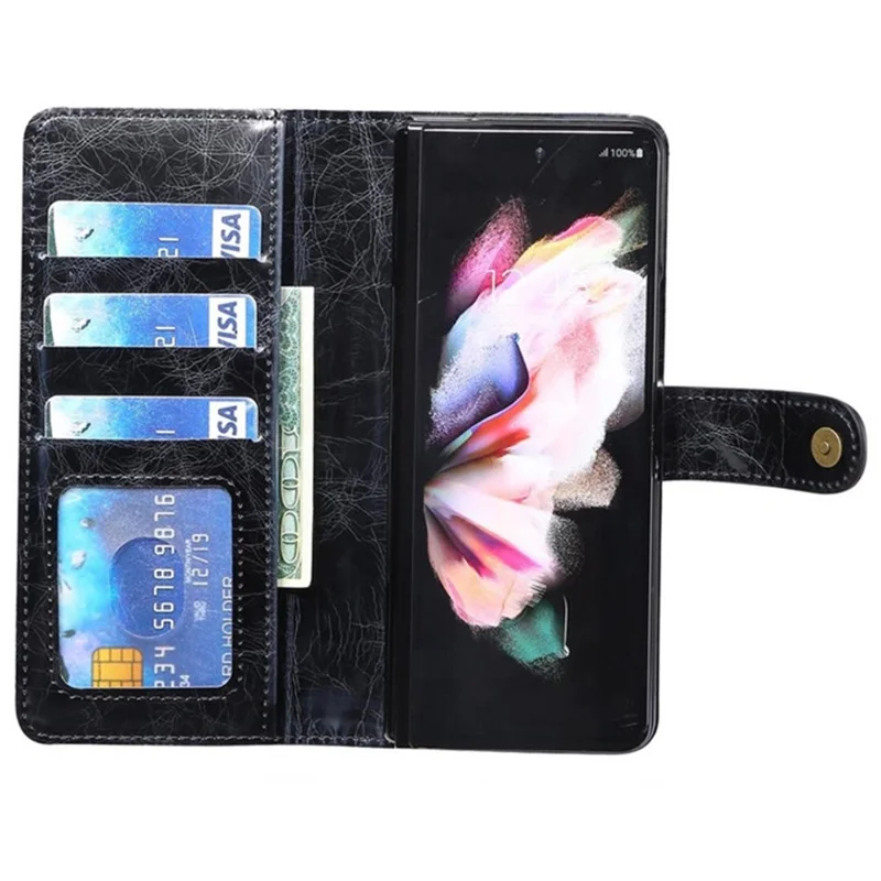 For Samsung Galaxy Z Fold4 5G Waxy Texture PU Leather Stand Wallet Phone Case Magnetic Clasp Zipper Pocket Cover - Black