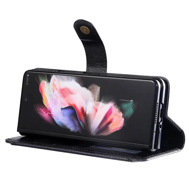 For Samsung Galaxy Z Fold4 5G Waxy Texture PU Leather Stand Wallet Phone Case Magnetic Clasp Zipper Pocket Cover - Black