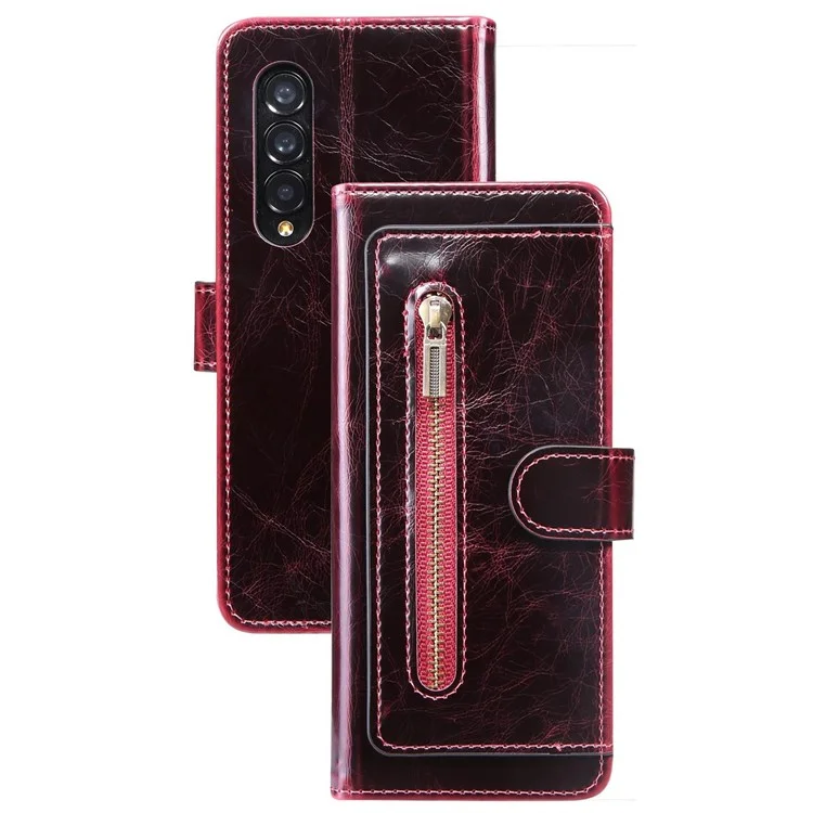 For Samsung Galaxy Z Fold3 5G Waxy Texture Zipper Pocket PU Leather Case Stand Wallet Folio Flip Phone Cover - Wine Red