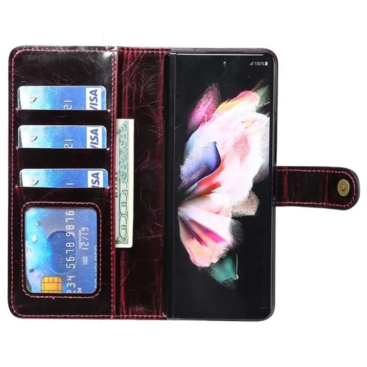 For Samsung Galaxy Z Fold3 5G Waxy Texture Zipper Pocket PU Leather Case Stand Wallet Folio Flip Phone Cover - Wine Red