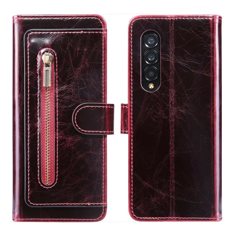 For Samsung Galaxy Z Fold3 5G Waxy Texture Zipper Pocket PU Leather Case Stand Wallet Folio Flip Phone Cover - Wine Red