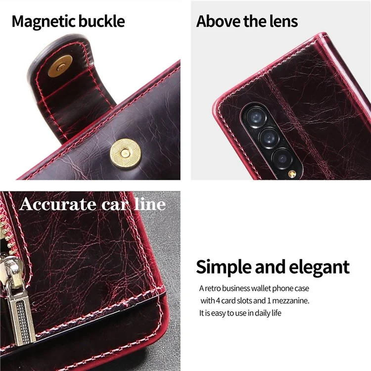 For Samsung Galaxy Z Fold3 5G Waxy Texture Zipper Pocket PU Leather Case Stand Wallet Folio Flip Phone Cover - Wine Red