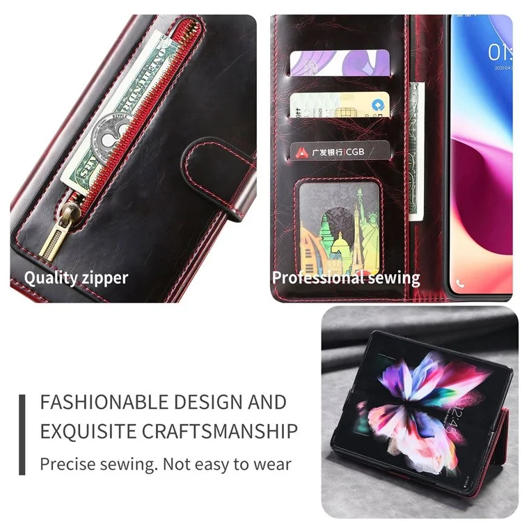 For Samsung Galaxy Z Fold3 5G Waxy Texture Zipper Pocket PU Leather Case Stand Wallet Folio Flip Phone Cover - Wine Red
