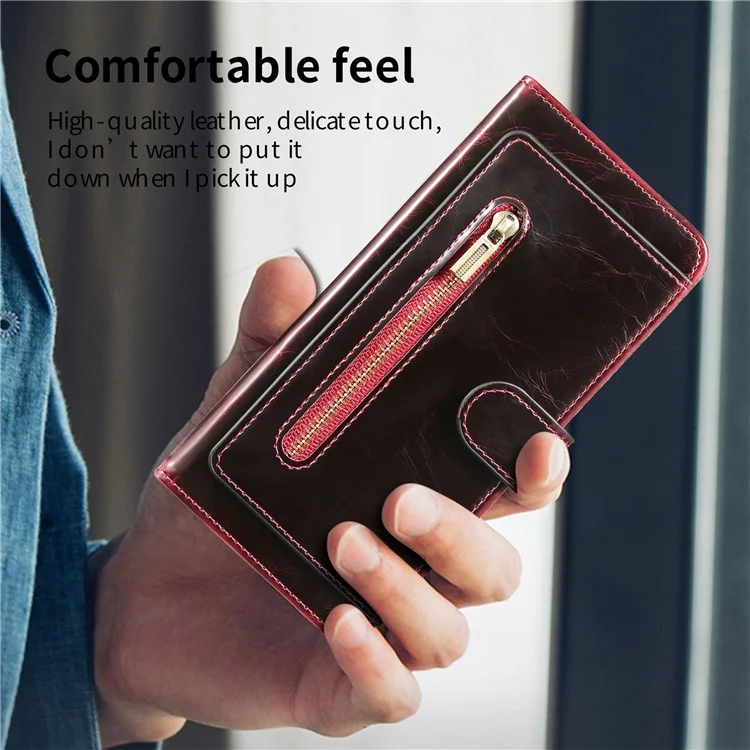 For Samsung Galaxy Z Fold3 5G Waxy Texture Zipper Pocket PU Leather Case Stand Wallet Folio Flip Phone Cover - Wine Red