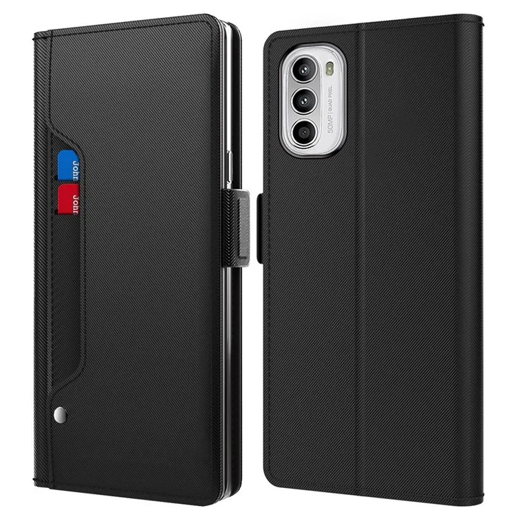 Per Motorola Moto G82 5G / G52 4G Porta Carta Funzione Specchio per il Trucco Custodia in Pelle PU Con Supporto Doppio Gancio Magnetico Flip Shell - Nero