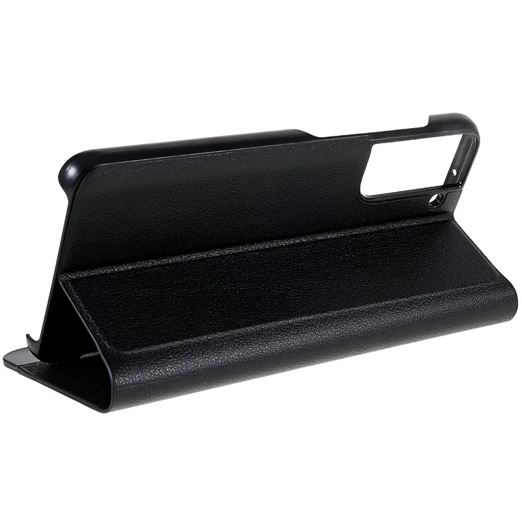 Для Samsung Galaxy S21 FE 5G PU Leather Stand Case Auto Absorption Anti-drop Electroplating Phone Cover - Black
