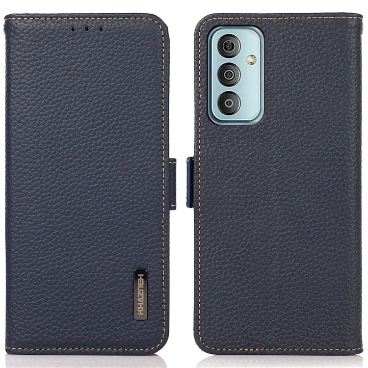 Case de Téléphone Khazneh Pour Samsung Galaxy M13 4G, Litchi Texture Wear-resistant Anti-fall Gentine Gentine Cuir RFID Blocking Cover Avec Support de Portefeuille - Bleu