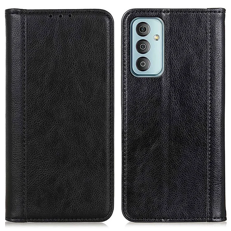 For Samsung Galaxy M13 4G Litchi Texture Split Leather Phone Case Folio Flip Stand Wallet Protective Cover - Black