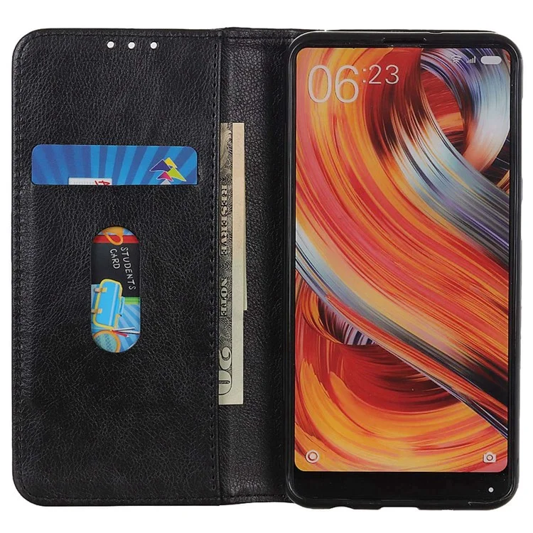 Para Samsung Galaxy M13 4G Litchi Texture Split Leather Phone Case Folio Flip Stand Wallet Protective Cover - Negro