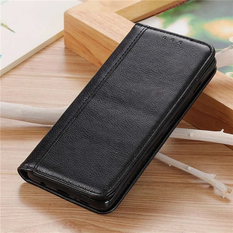 Para Samsung Galaxy M13 4G Litchi Texture Split Leather Phone Case Folio Flip Stand Wallet Protective Cover - Negro