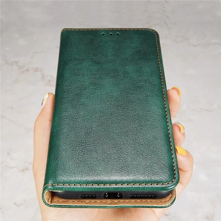 Custodia in pelle magnetica per auto per Oppo A57 4G / A57s 4G, portafoglio pieghevole con supporto, guscio protettivo tutto intorno - Verde