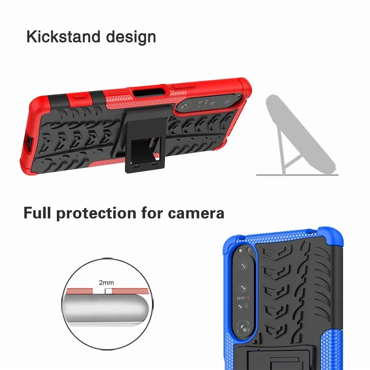 Für Sony Xperia 1 IV 5G Coole Reifenstruktur Handyhülle mit Ständer, Harte PC Weiche TPU Dual Layer Stoßfeste Schutzhülle - Blau