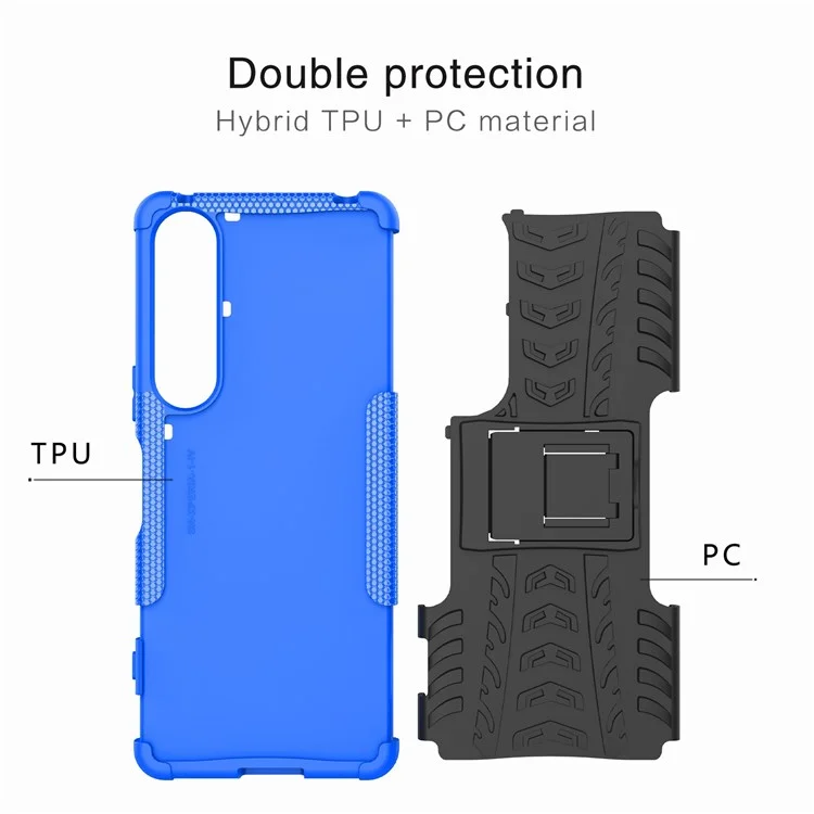 Für Sony Xperia 1 IV 5G Coole Reifenstruktur Handyhülle mit Ständer, Harte PC Weiche TPU Dual Layer Stoßfeste Schutzhülle - Blau