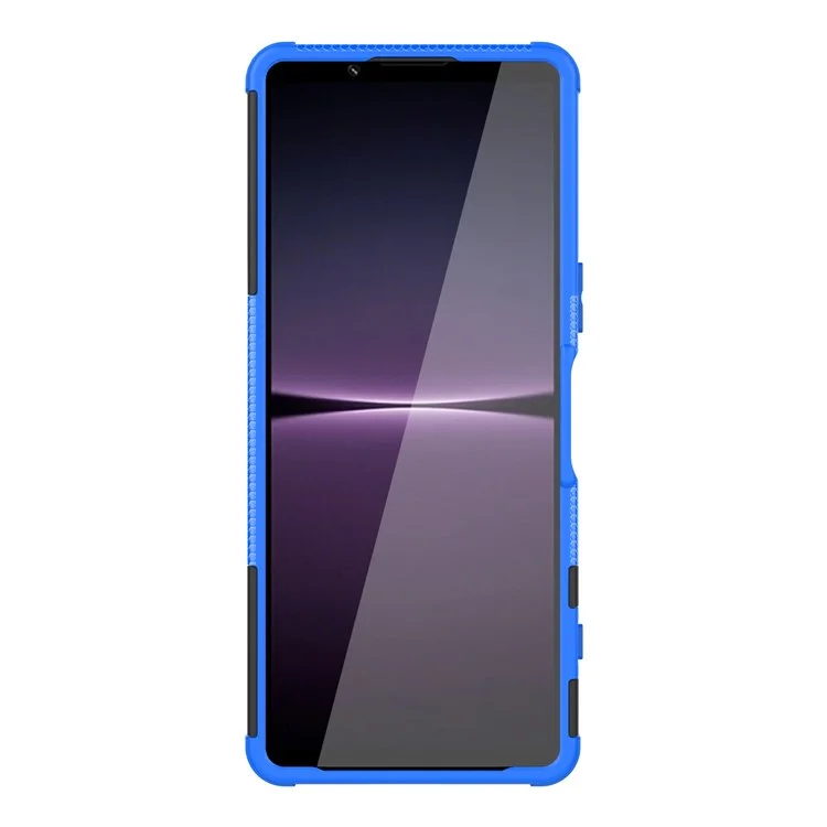 Für Sony Xperia 1 IV 5G Coole Reifenstruktur Handyhülle mit Ständer, Harte PC Weiche TPU Dual Layer Stoßfeste Schutzhülle - Blau