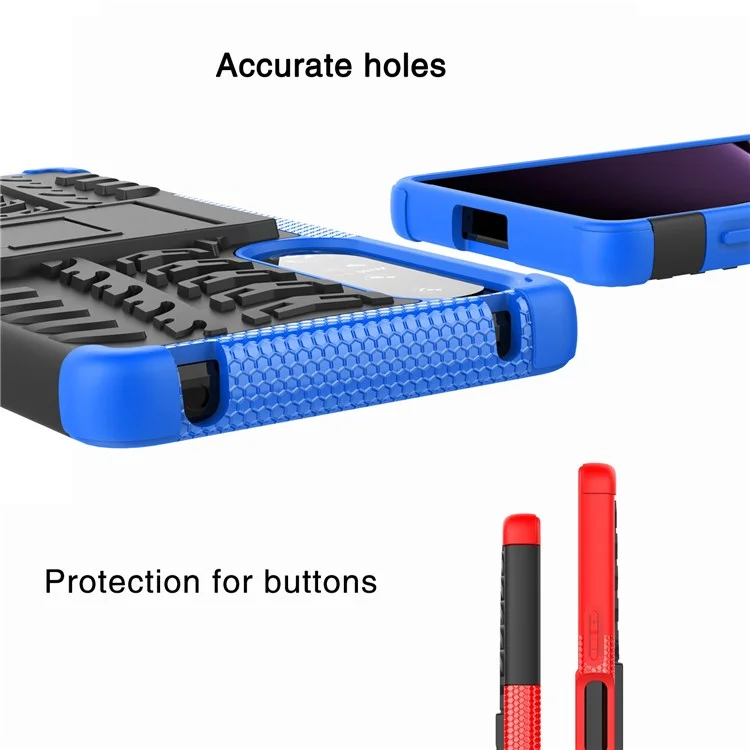 Für Sony Xperia 1 IV 5G Coole Reifenstruktur Handyhülle mit Ständer, Harte PC Weiche TPU Dual Layer Stoßfeste Schutzhülle - Blau