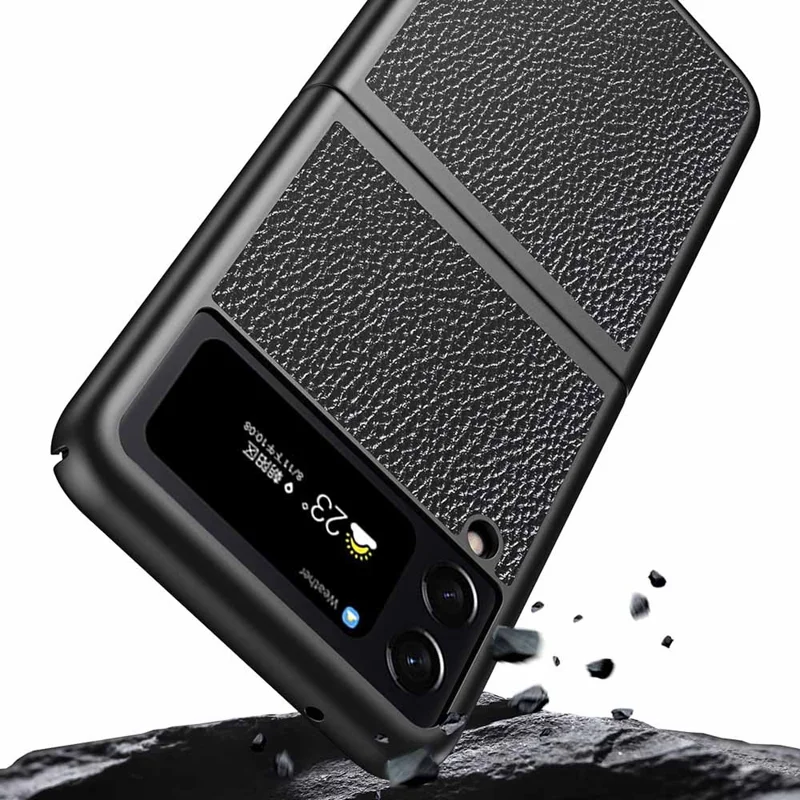For Samsung Galaxy Z Flip4 5G Anti-Drop Phone Case Litchi Texture PU Leather Coated PC Protective Back Cover - Black