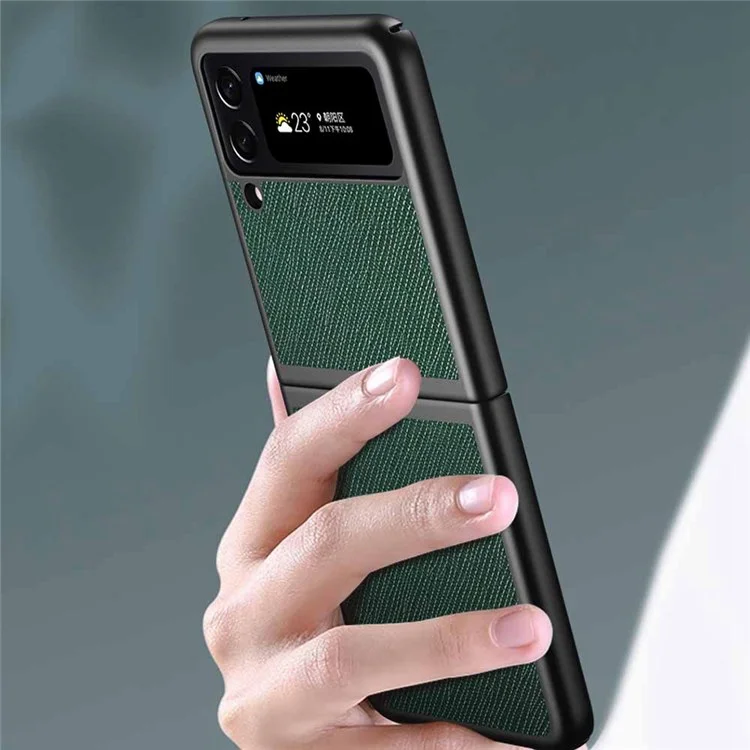 Für Samsung Galaxy Z Flip4 5G Anti-scratch Cross Texture Phone Hülle Gummierte Pu-leder-pc-rückdecke Schutzschale - Grün