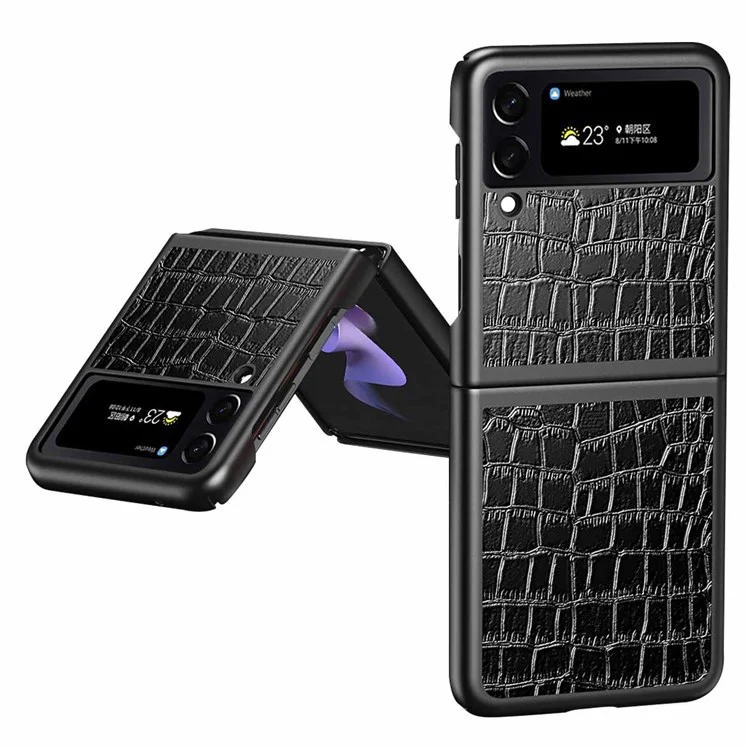 Para Samsung Galaxy Z Flip4 5G Case de Teléfono Antideslizante Texturo Crocodile PU Cubierta Trasera de Cuero Recubierta de Cuero - Negro